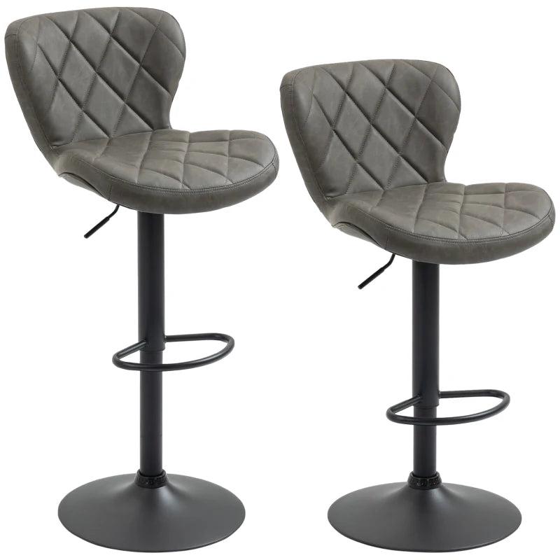 Set of 2 Dark Grey Swivel Bar Stools with Backrest & Footrest - Steel Frame, Diamond Pattern PU for Kitchen & Dining