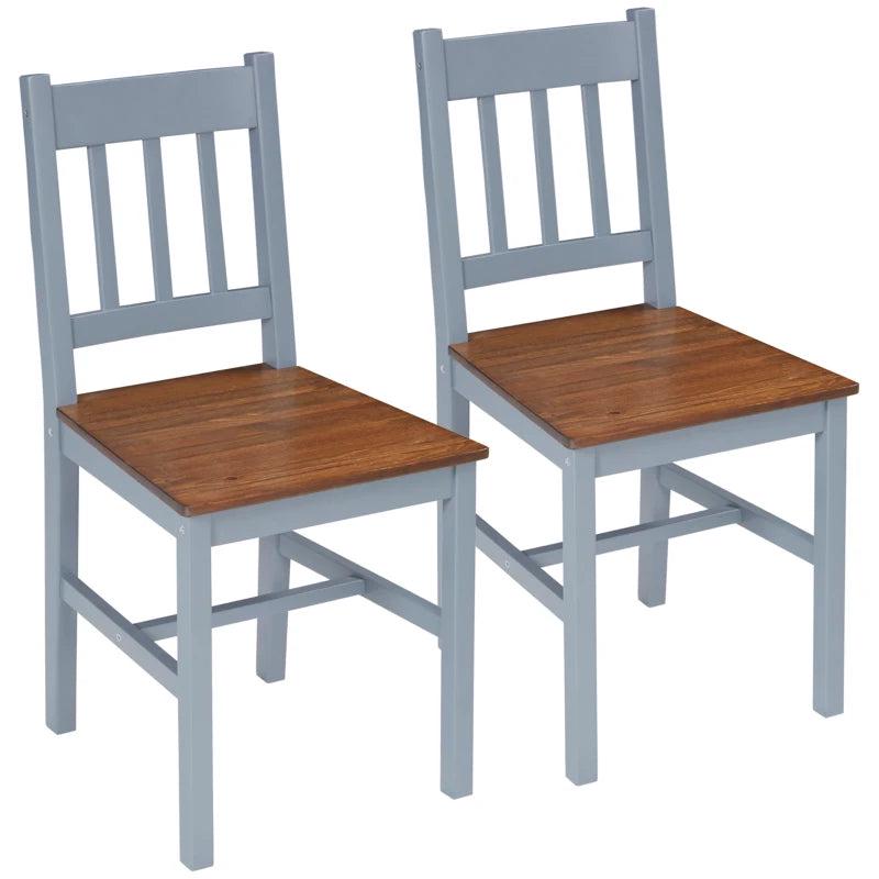 Set of 2 Grey Dining Chairs with Slat Back - Pine Wood Kitchen Chairs for Living Room & Dining Room