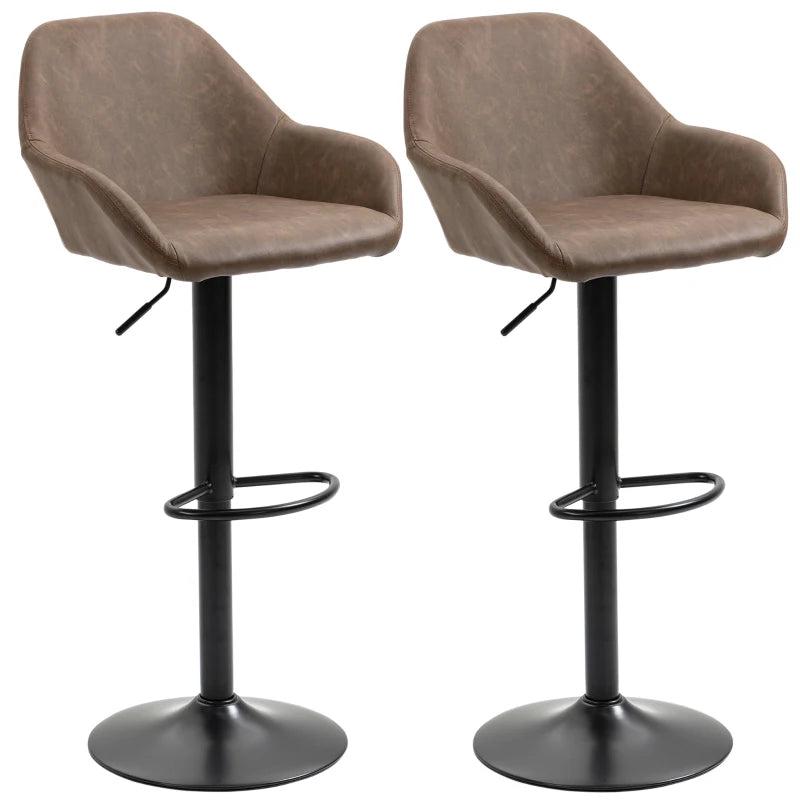 Set of 2 Height Adjustable Swivel Bar Stools with Backs, Armrests & Footrest - Dark Brown PU Leather Kitchen Seating