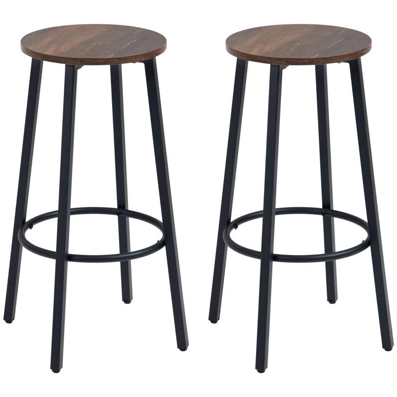 Set of 2 Industrial Bar Stools - 65cm High Rustic Brown Kitchen Chairs with Sturdy Steel Frame