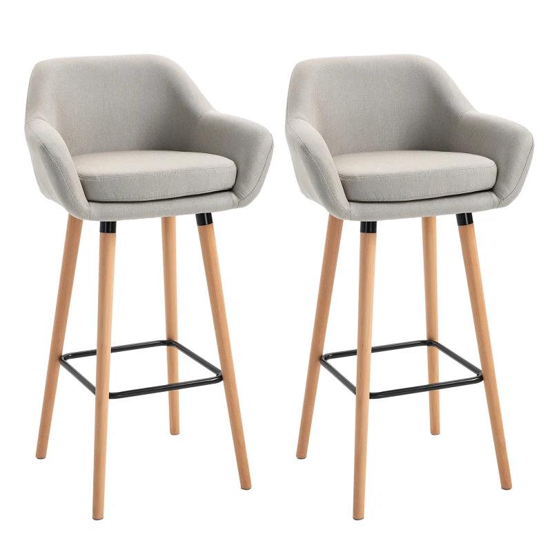 Set of 2 Modern Upholstered Bar Stools with Metal Frame & Solid Wood Legs - Beige Fabric Dining Chairs