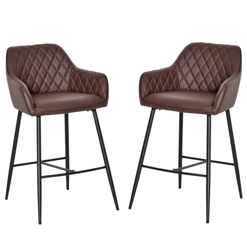 Set of 2 Retro PU Leather Bar Stools with Footrest - Stylish Metal Frame Dining Chairs in Brown