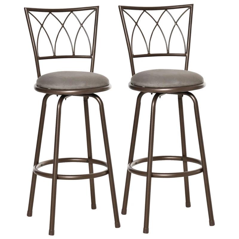 Set of 2 Swivel Bar Chairs - Armless Upholstered Metal Frame Barstools with Backrest & Footrest in Bronze