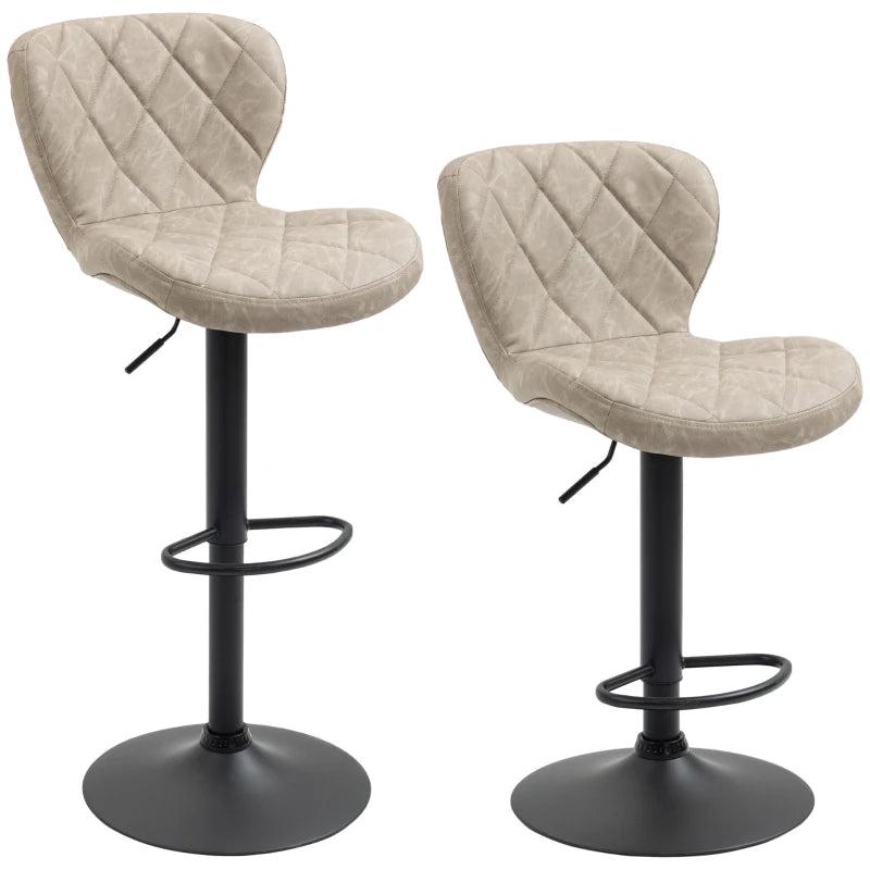 Set of 2 Swivel Bar Stools with Backrest & Footrest - Light Khaki PU, Steel Frame, Diamond Pattern for Kitchen & Dining