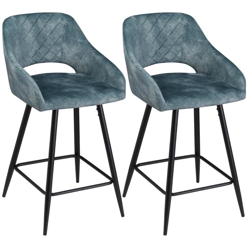 Set of 2 Velvet Bar Stools - Counter Height Kitchen Chairs with Steel Legs - Blue Fabric Dining Area Barstools