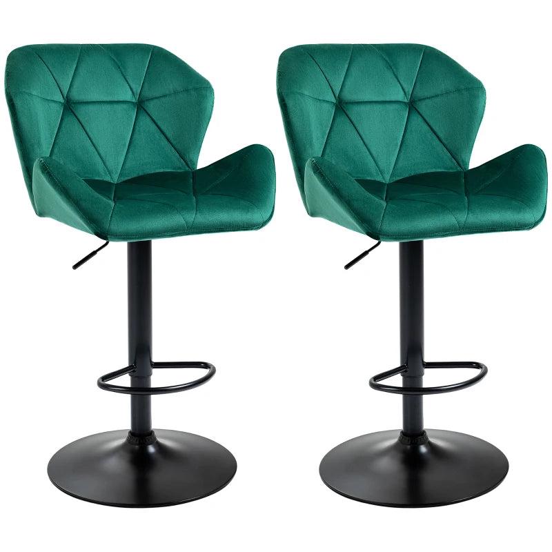 Set of 2 Velvet Bar Stools with Metal Frame Footrest, Adjustable Height, Stylish Green Color for Kitchen or Home Bar