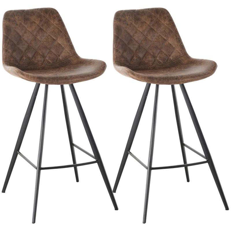 Set of 2 Vintage Microfiber Bar Stools - Comfortable Padded Tub Seats with Steel Frame & Footrest - Stylish Brown for Home & Cafe