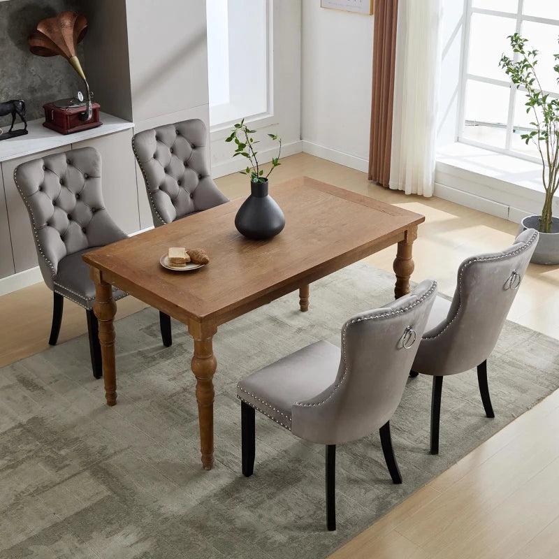 Set of 4 Grey Velvet Dining Chairs with Button Tufted Backrest, Wingback Design, Solid Rubber Wood Legs, Foot Pads