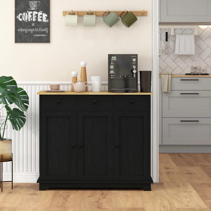 Stylish Black Wood-Effect Sideboard with Rubberwood Top & Adjustable Shelves - Perfect for Dining Room & Kitchen Storage