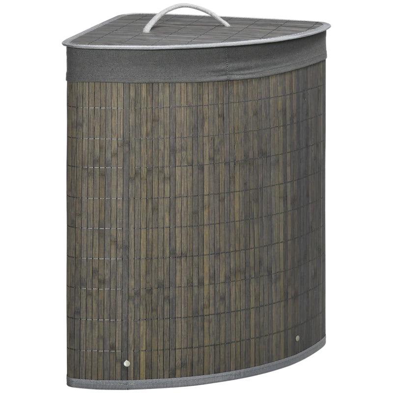 Stylish Grey Bamboo Laundry Basket with Lid - 55L Hamper, Removable Washable Lining, Perfect Corner Storage, 38x38x57cm