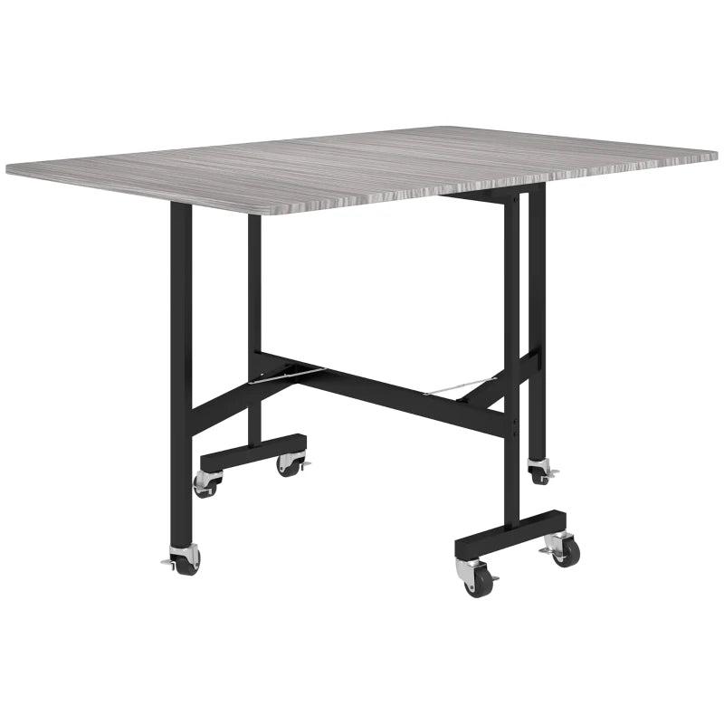 Unique Six-Seater Drop-Leaf Dining Table on Wheels - Stylish Grey Wood-Effect for Modern Homes