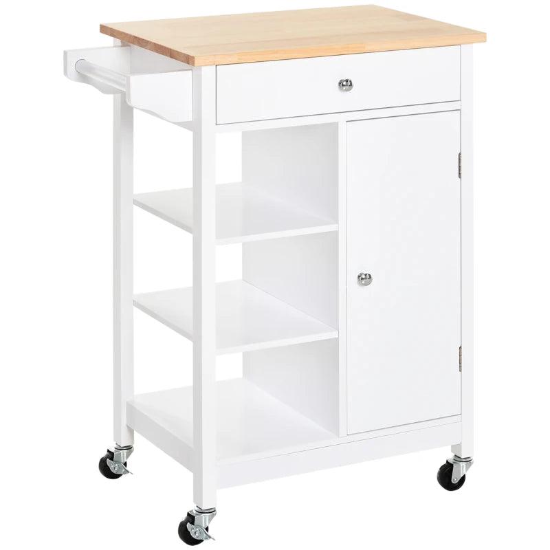 Versatile Kitchen Trolley on Wheels - White Kitchen Island with Wood Top, 3 Shelves & Storage Cupboard