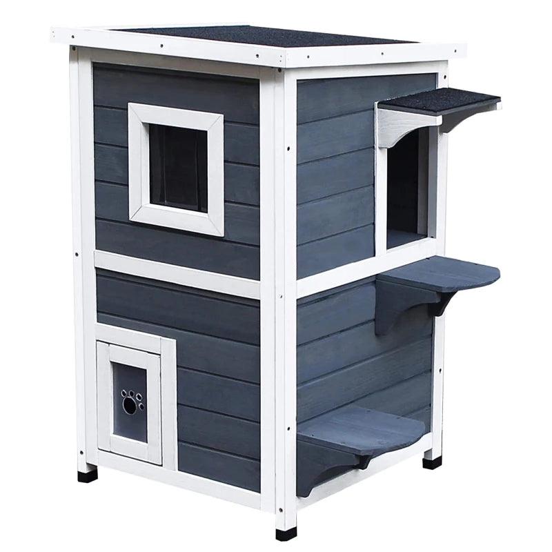 Wooden Cat House - 2-Floor Outdoor Kitten Shelter with Window - Stylish Grey Design for Cats and Kittens