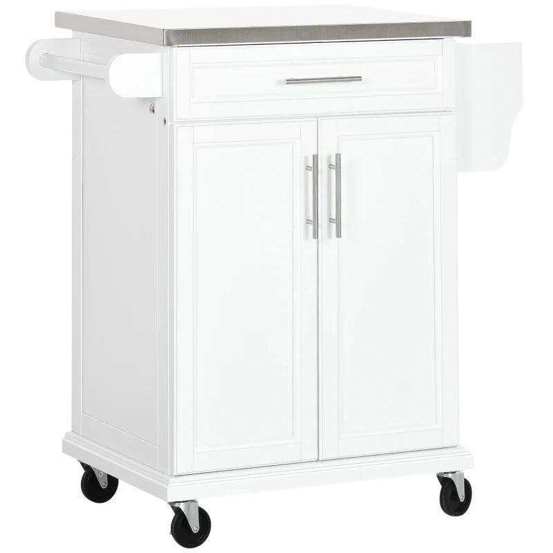 Wooden Kitchen Island on Wheels - Mobile Serving Cart with Stainless Steel Top, Drawer, Side Handle & Rack in White