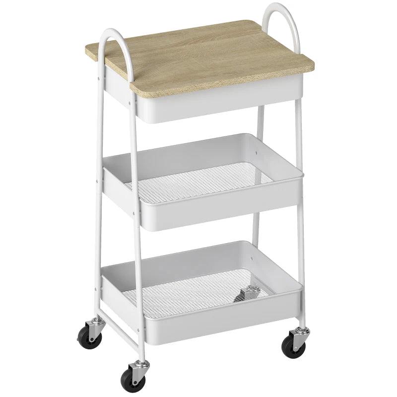 3-Tier Kitchen Storage Trolley on Wheels with Cover Top Board - Stylish White and Oak Design for Easy Organization