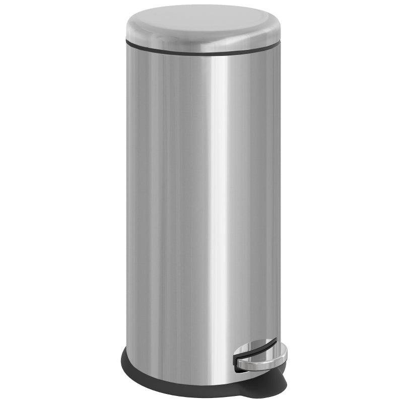 30L Stainless Steel Foot Pedal Bin with Lid - Modern Silver Metal Kitchen Garbage Rubbish Waste Container