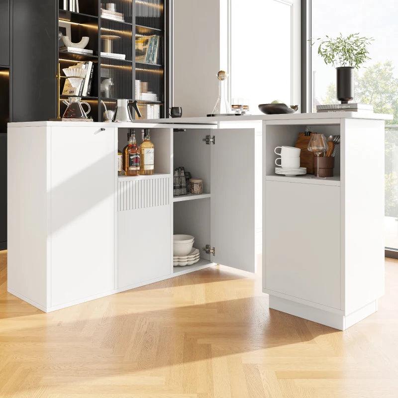 360 Swiveling Bar Table with Marble Top & Open Storage - Stylish Kitchen & Living Room Furniture, 198.5L x 30W x 72.5H cm, White