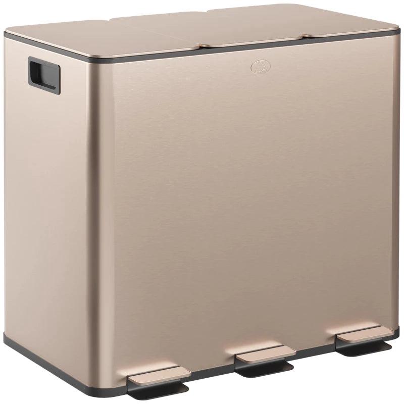 45L Triple Compartment Stainless Steel Bin with Deodoriser Holders - Elegant Gold Tone Waste Management Solution