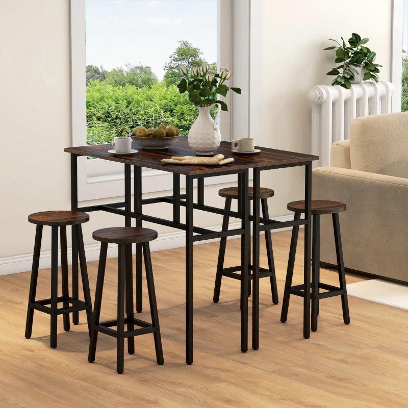 6-Piece Rustic Brown Bar Table Set - Space-Saving Counter Height Dining Set with 2 Tables & 4 Stools for Small Spaces
