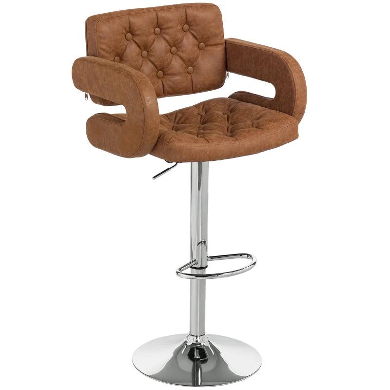Adjustable PU Leather Swivel Bar Stool with Backrest, Armrests & Footrest - Brown Upholstered Height-Adjustable Seating