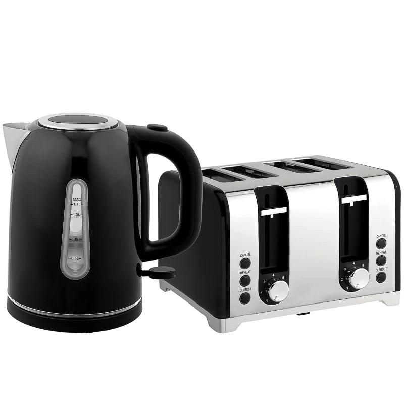 Premium Black Kettle and Toaster Set - 1.7L Rapid Boil Jug Kettle with Strix Thermostat & 4-Slice Toaster with 7 Browning Levels