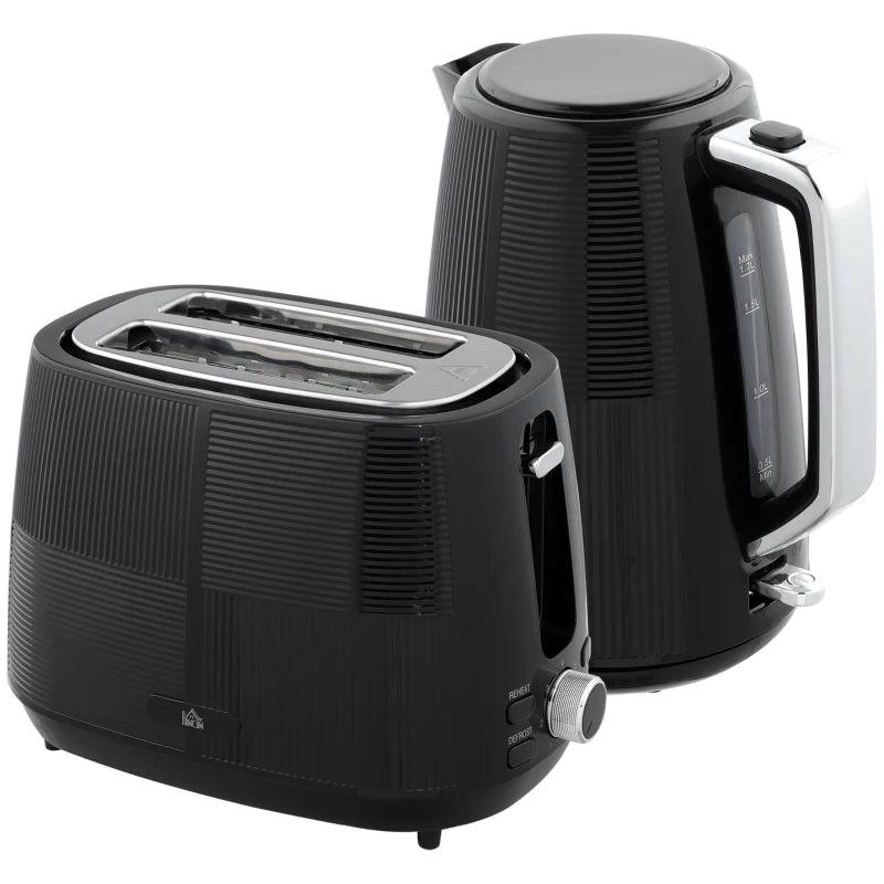 Premium Black Kettle & Toaster Set - 1.7L Fast Boil 3000W Kettle & 2 Slice Toaster with 7 Browning Levels