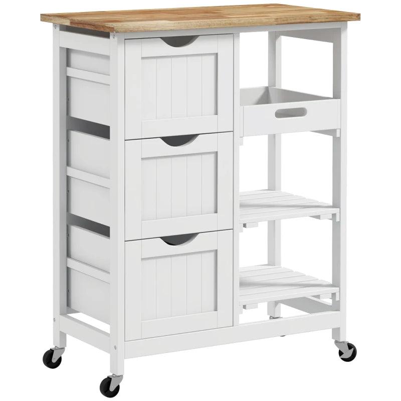 Rolling Kitchen Island Cart with Wood Top, Compact Bar Serving Trolley on Wheels, Shelves & Drawers for Home Dining - White