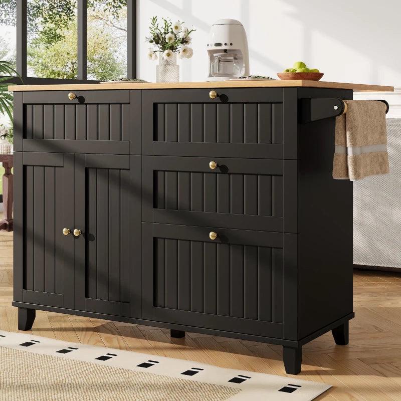 Rolling Mobile Kitchen Island Cart with Storage Drawer & Towel Rack, Drop Leaf Breakfast Bar, 121x70x88 cm, Black