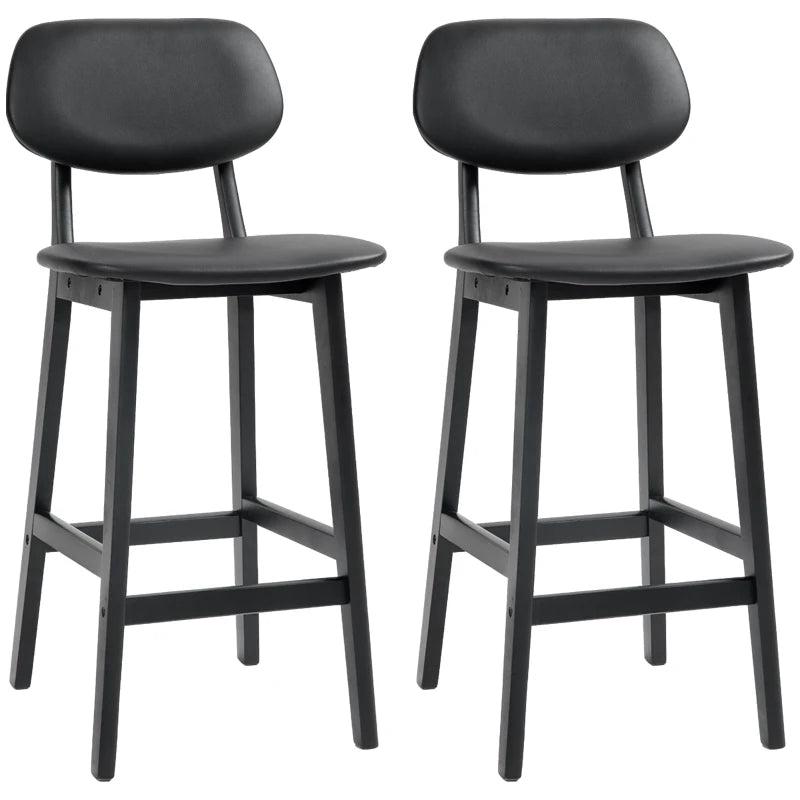 Set of 2 Classic Black Wooden Bar Stools with Faux Leather Seats - Stylish & Durable Design for Home or Bar