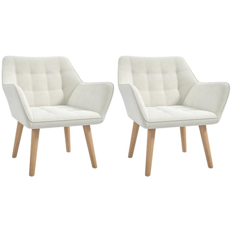 Set of 2 Cream White Accent Chairs with Slanted Back, Thick Padding & Rubber Wooden Legs for Living Room