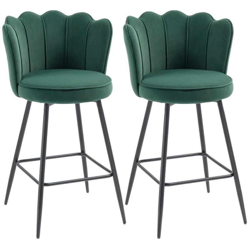 Set of 2 Dark Green Velvet Lotus Bar Stools - Stylish, Comfortable Seating for Kitchen or Home Bar