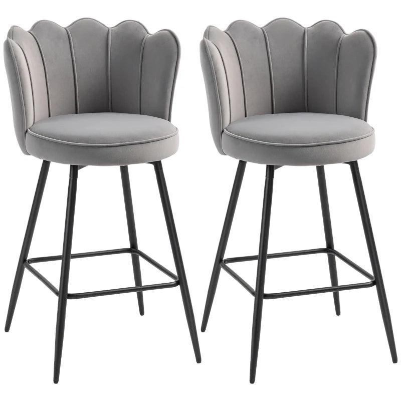 Set of 2 Grey Velvet-Feel Lotus Bar Stools - Stylish Modern Seating for Kitchen or Home Bar