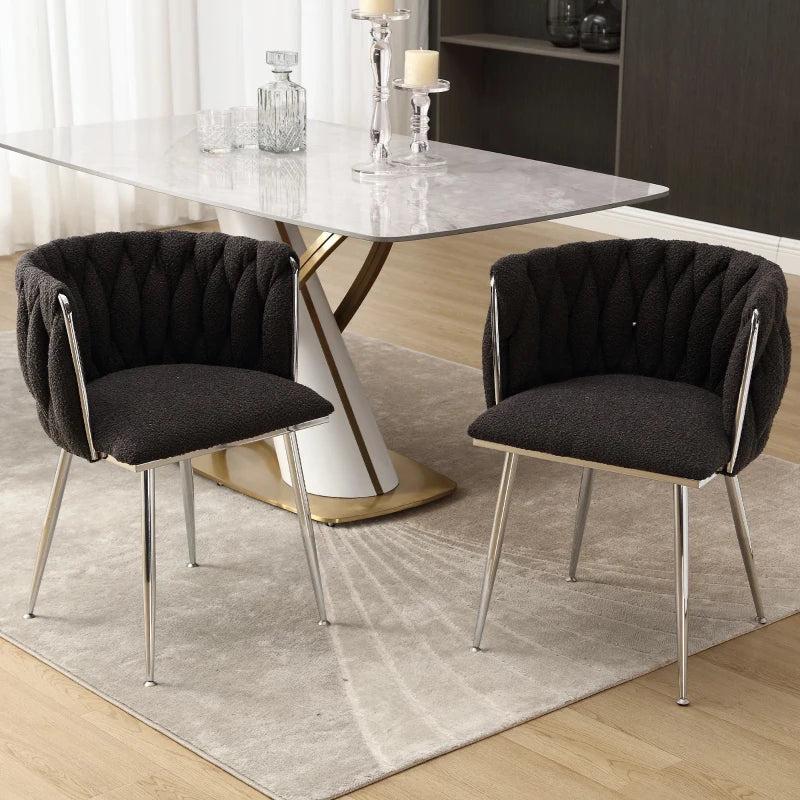 Set of 2 Modern Boucle Upholstered Dining Chairs with Silver Legs & Armrests - Stylish Living Room Seating, Black, 54x52x73 cm