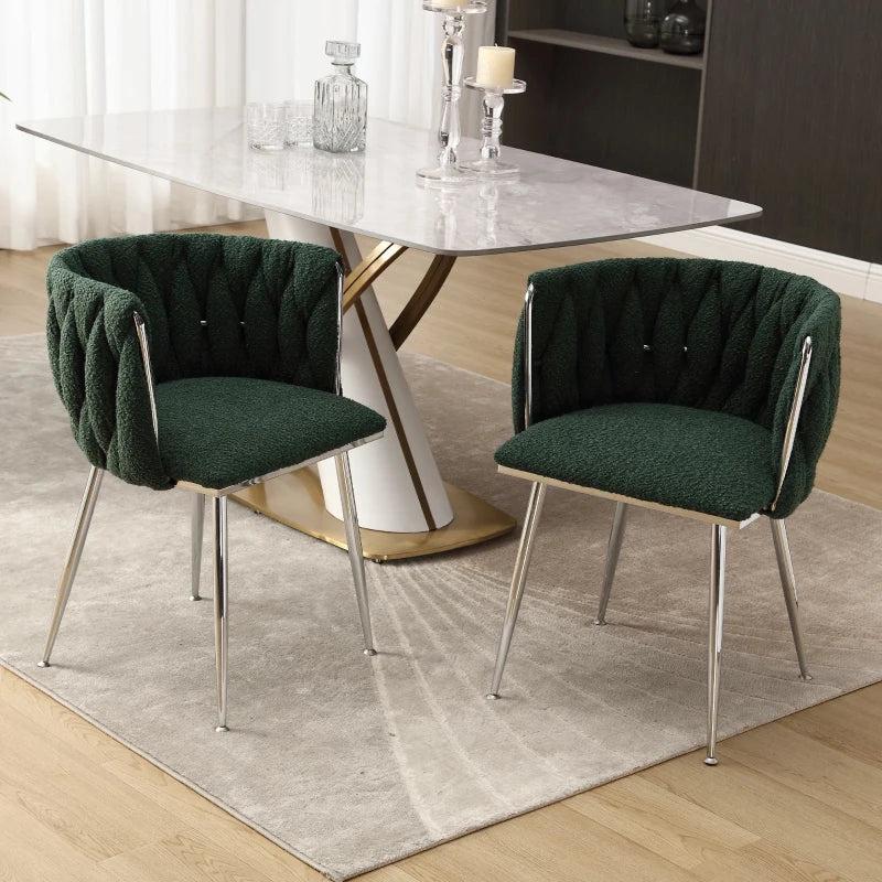 Set of 2 Modern Emerald Dining Chairs with Silver Legs, Hand-woven Backrest, Upholstered Boucle Armrests, 54x52x73 cm