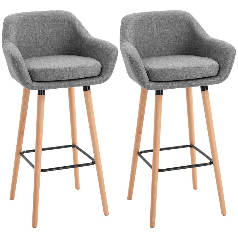 Set of 2 Modern Upholstered Bar Stools with Metal Frame & Solid Wood Legs - Grey Fabric Dining Chairs