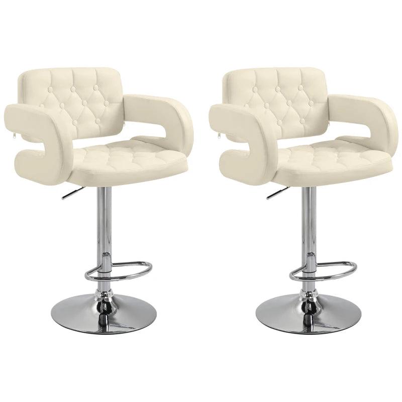 Set of 2 Upholstered Swivel Bar Stools - Height Adjustable with Back, Armrest & Footrest - Modern White Kitchen Seating