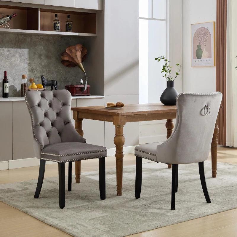 Set of 6 Grey Velvet Dining Chairs - Button Tufted Backrest, Wingback Design, Solid Wood Legs, Foot Pads - 50L x 64W x 96H cm