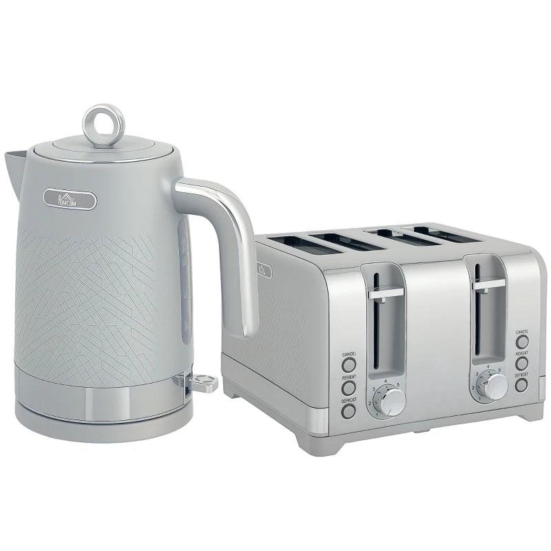 Sleek Grey Textured Kettle & Four-Slice Toaster Set - Modern Kitchen Appliances for Stylish Cooking