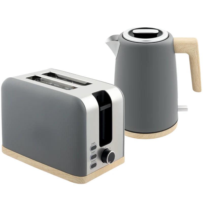 Stainless Steel Kettle & Toaster Set - 1.7L Fast Boil Kettle 3000W & 2 Slice Toaster with 7 Browning Levels, Grey