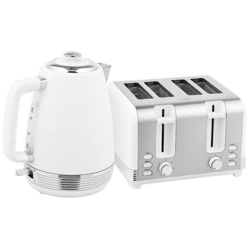 Stainless Steel Kettle & Toaster Set - 1.7L Rapid Boil Jug Kettle with Strix Thermostat & 4 Slice Toaster - White/Silver