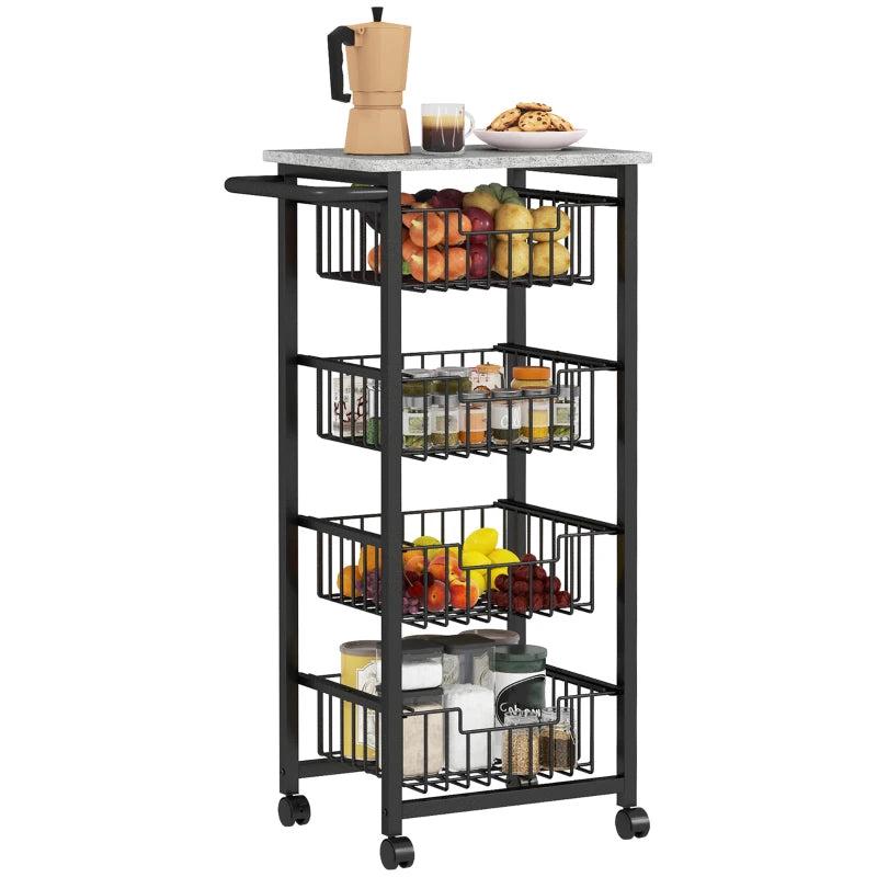 Stylish Grey/Black Four Basket Mobile Kitchen Island with Brakes - Perfect for Storage and Space-Saving Solutions