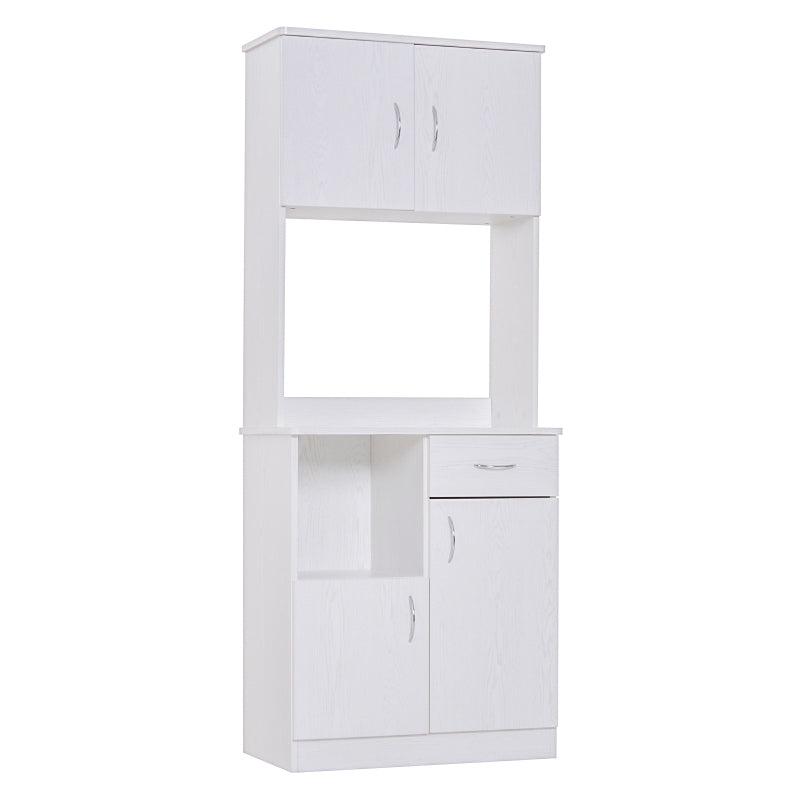 Tall White Kitchen Cupboard with Doors, Shelves, Drawer & Open Countertop - Versatile Storage Cabinet for Living & Dining Rooms