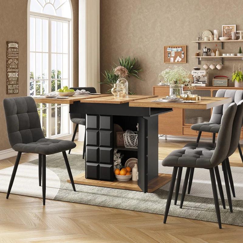 Telescopic Extendable Dining Table for 4-6, Foldable Kitchen Table with Checked Pattern, Black & Natural, 110-140L x 80W x 75H cm