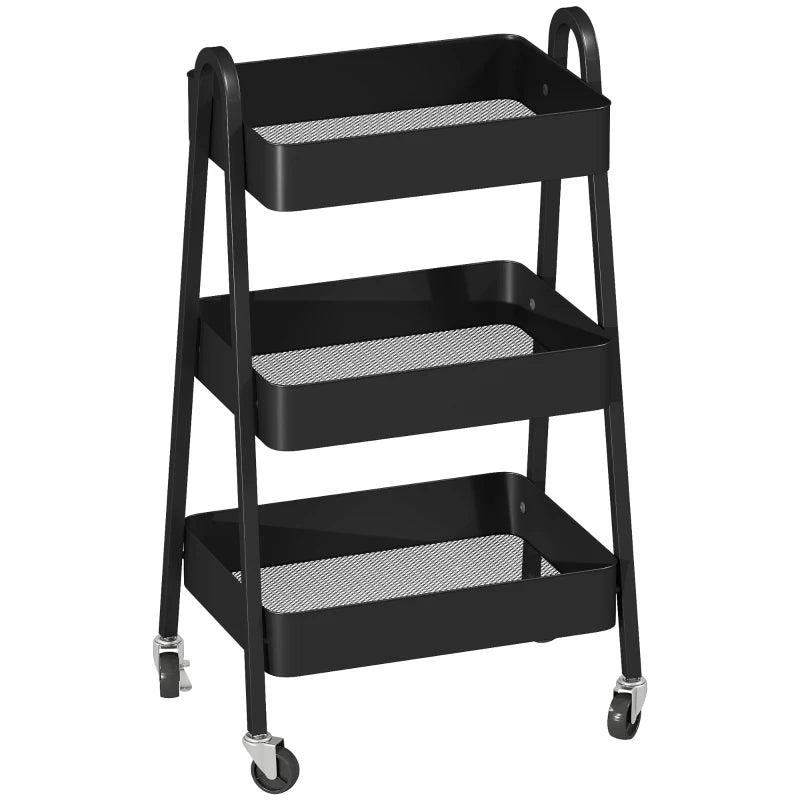 Versatile Three-Tier Black Storage Trolley - Stylish Organizer Cart for Home, Office, Kitchen & Bathroom