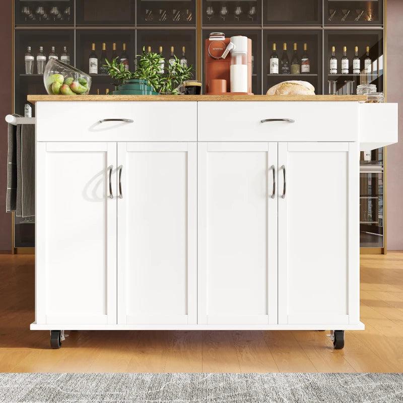 Waterproof Kitchen Island Trolley with Rolling Casters & Adjustable Shelf - Elegant White Kitchen Cart with Folding Side Board, 128L x 78W x 90.5H cm