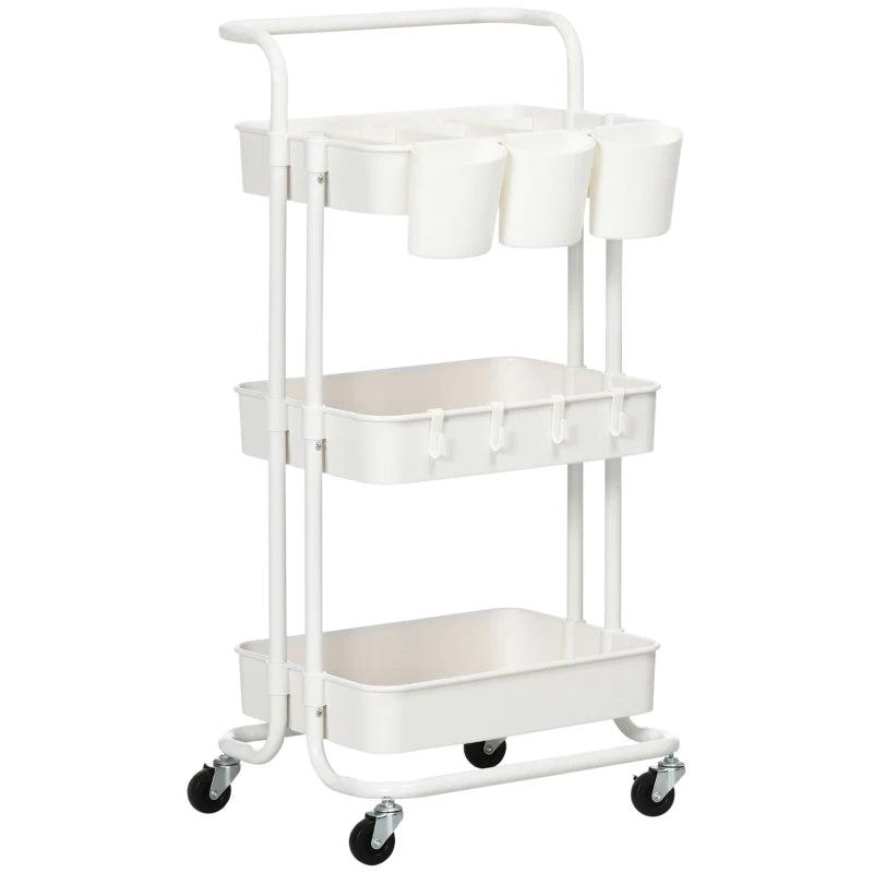 White Three-Tier Home Trolley with Handle and Wheels - Versatile Storage Cart for Kitchen, Living Room, and Office