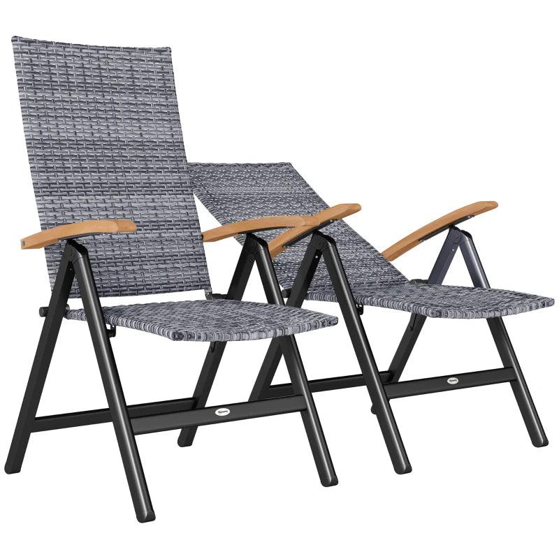 2-Piece Folding Rattan Garden Dining Chairs Set - 5-Level Reclining High Back, Wood Armrests, Outdoor Light Grey