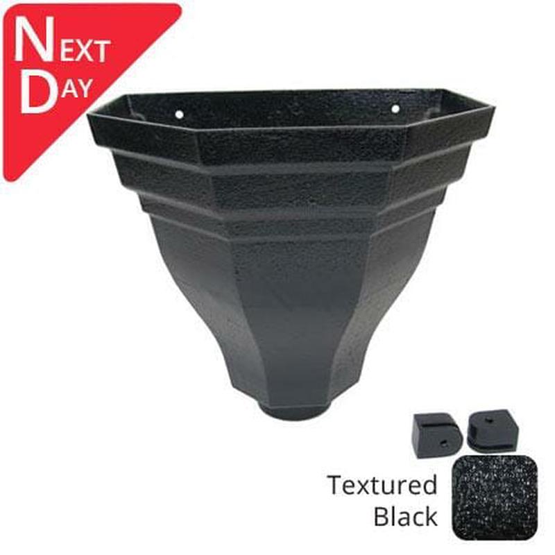 250mm Cast Aluminium Fluted Flat Back Hopper 63mm Outlet Textured Black