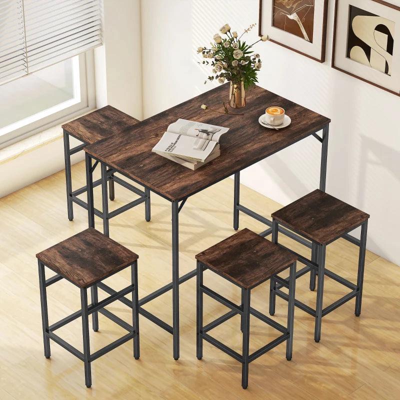 5-Piece Rustic Brown Breakfast Bar Table Set with 4 Stools - Space-Saving Kitchen Dining Furniture for Small Spaces
