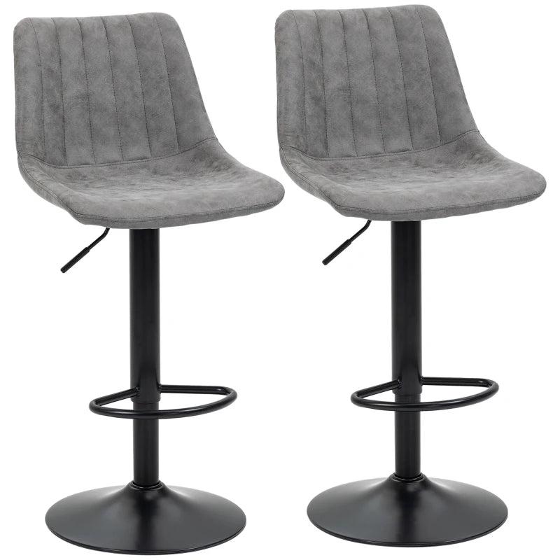 Adjustable Height Breakfast Bar Stools Set of 2 - Grey Leather Upholstery, 59-80cm Gas Lift Design